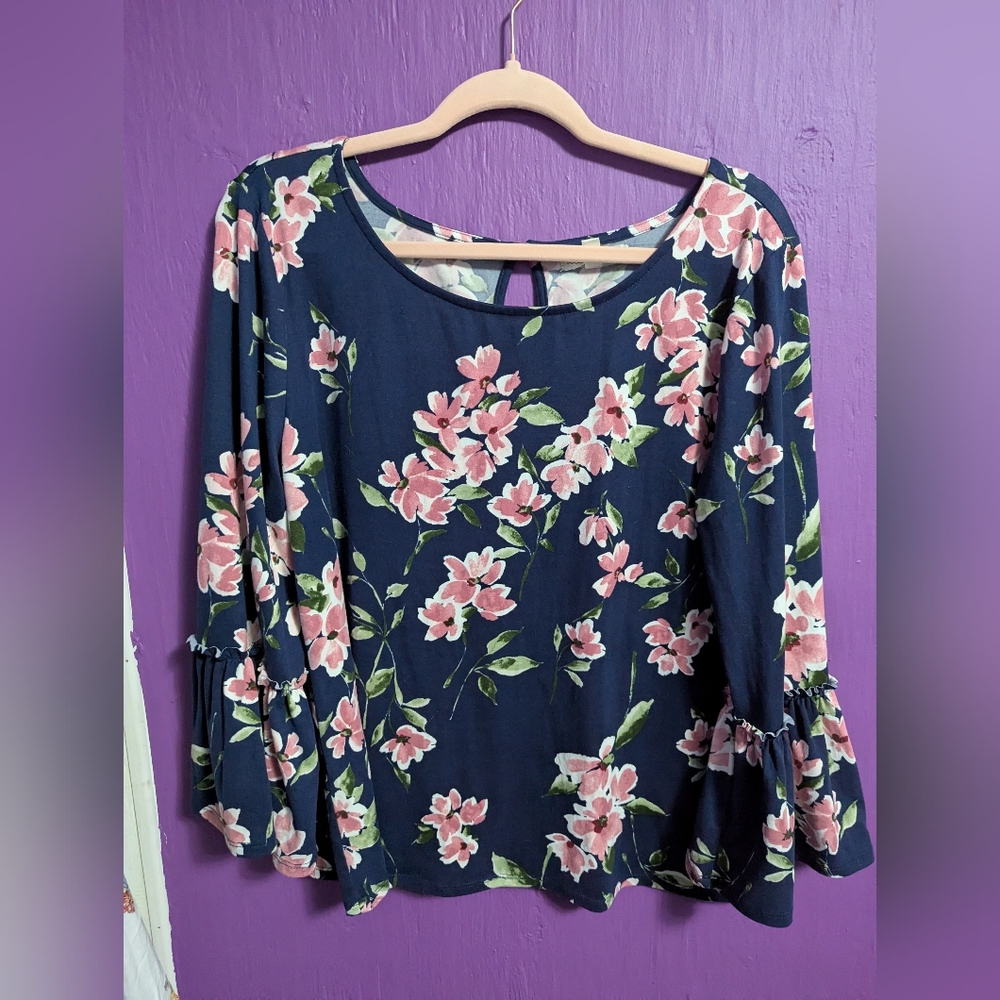 💜 Nine Britton Navy and Pink Soft Floral Long 3/4 Ruffle Sleeve Blouse XL 16